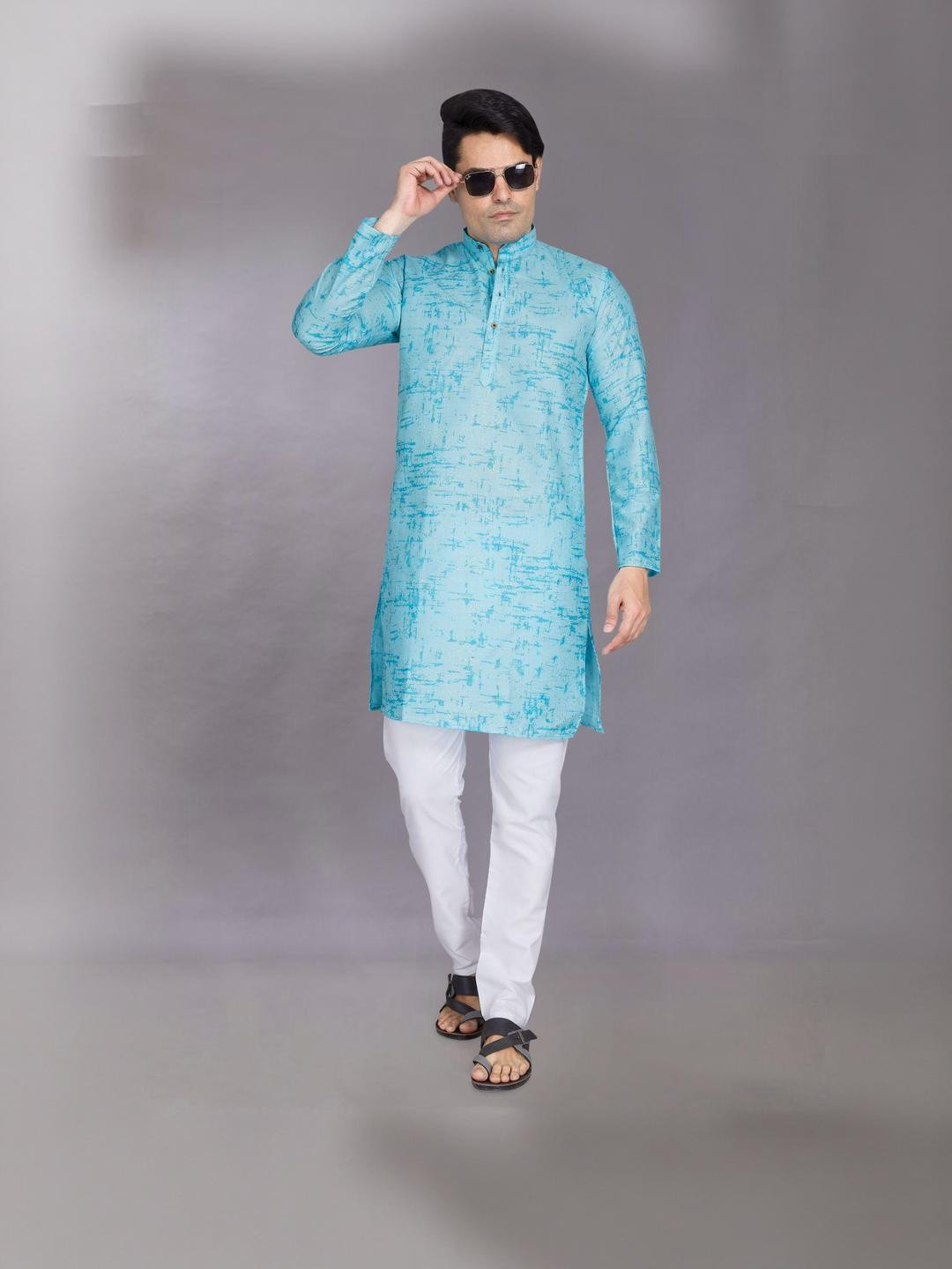 PulseIQ Blue Cotton Blend Solid Kurta Sets