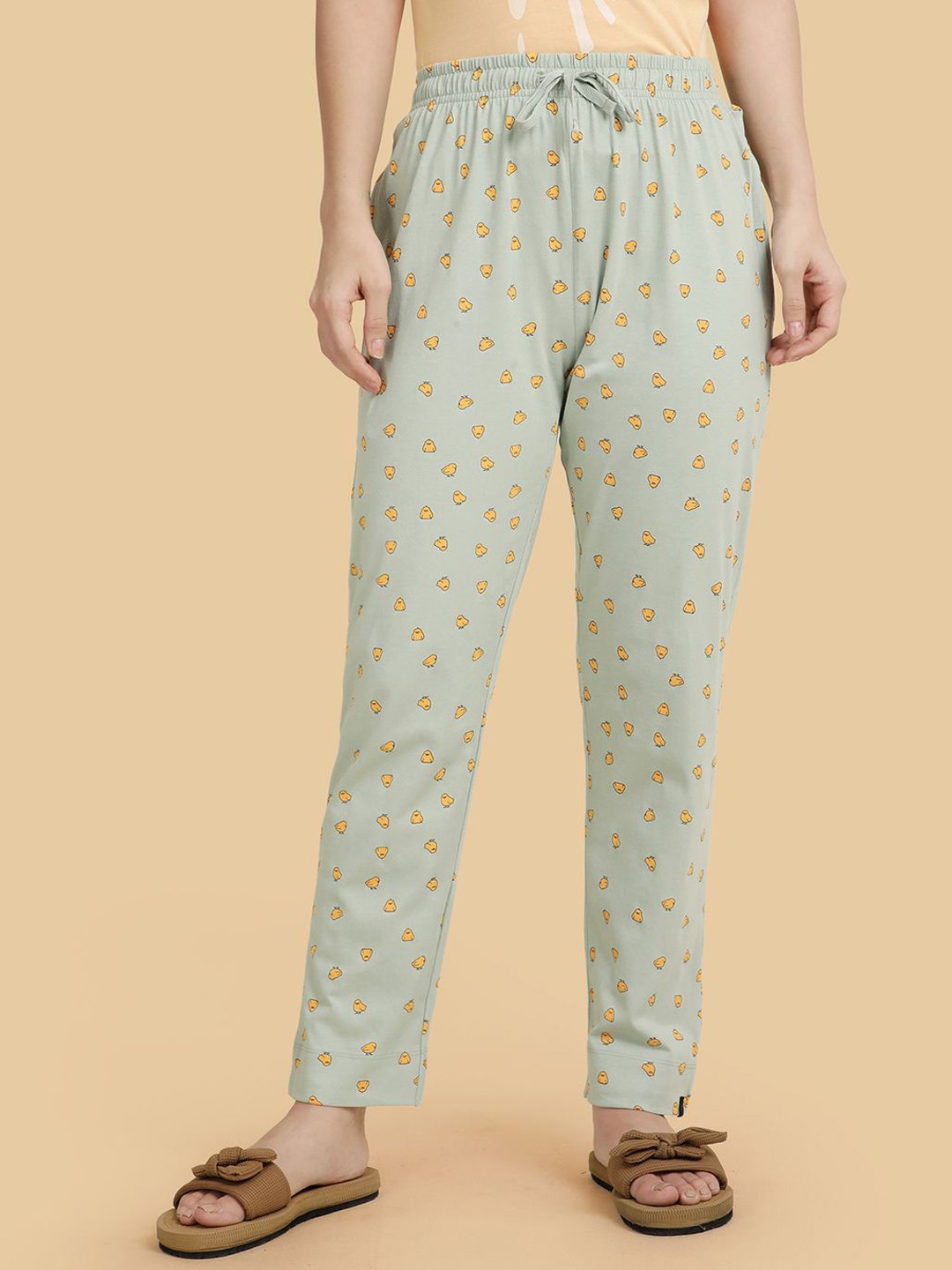 TWIN BIRDS Women Frosty Green Cotton Printed Night Pant