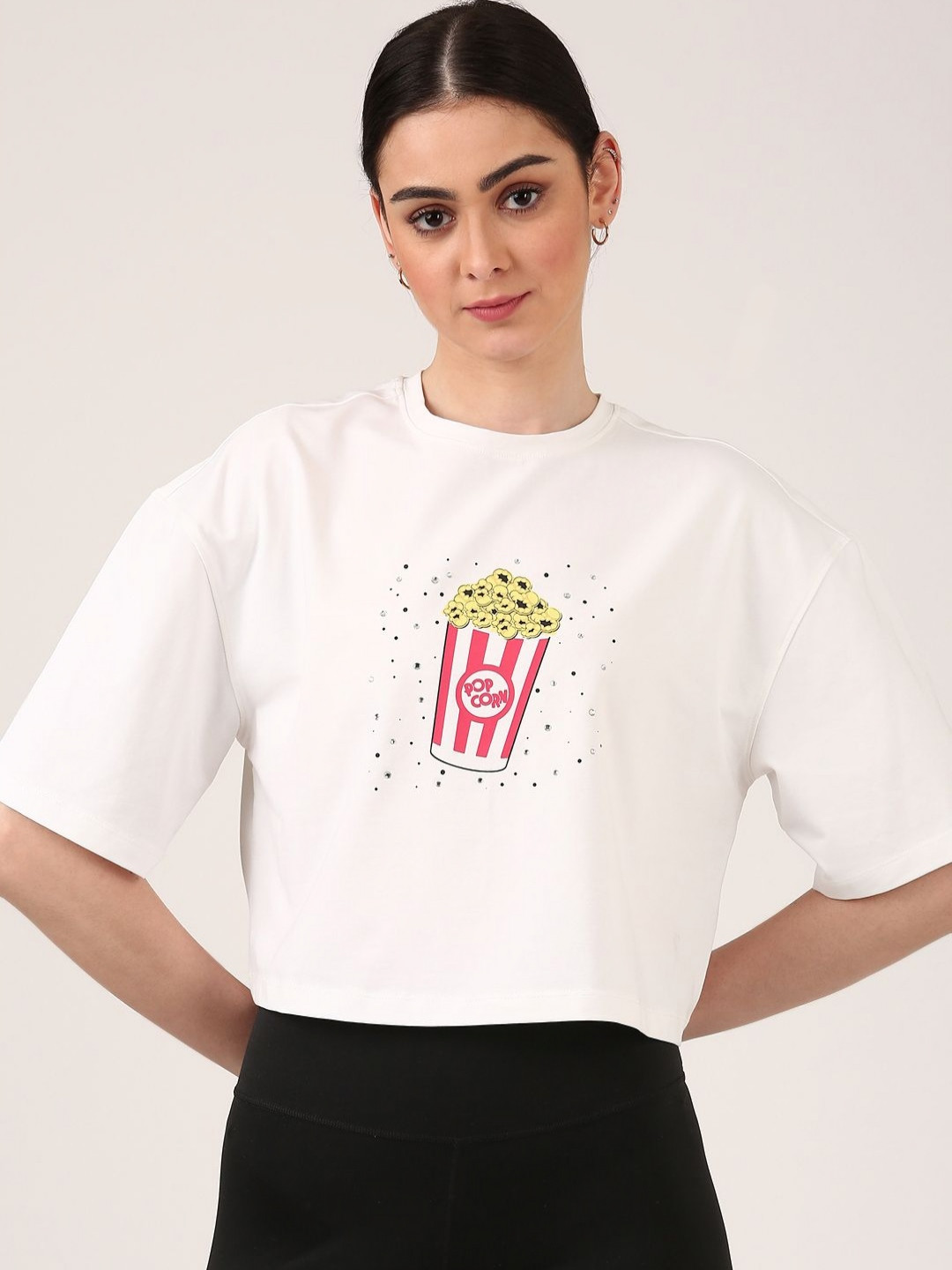 Jolene.club Women Popcorn Graphic Printed Round Neck Boxy Cropped T-shirt