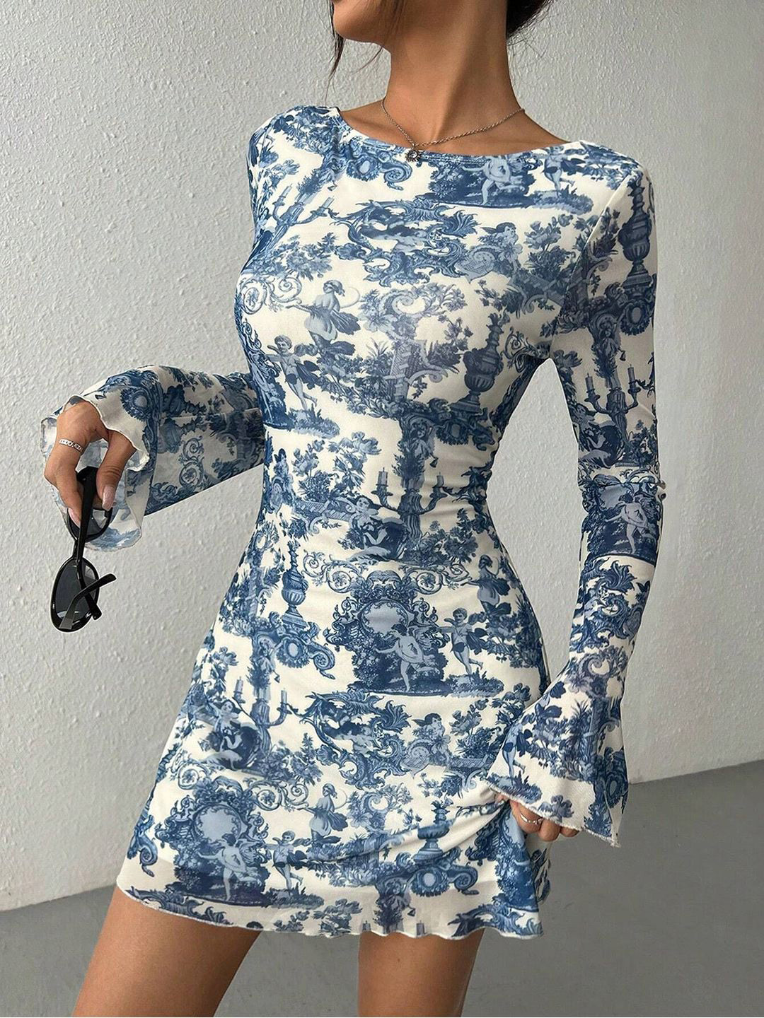 StyleCast Women Printed Bell Sleeve A-Line Mini Dress