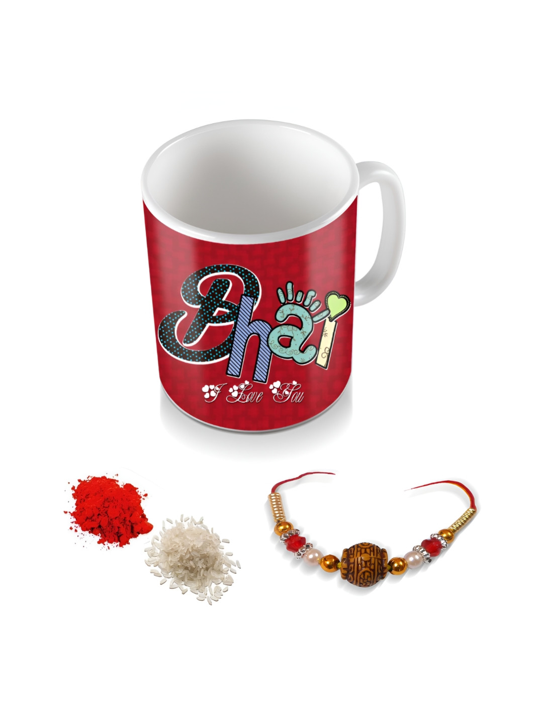 SKYTRENDS Lovers Delight Multicoloured Typography Ceramic Microwave Safe Mug with Rakhi, Roli, Chawal-330ml