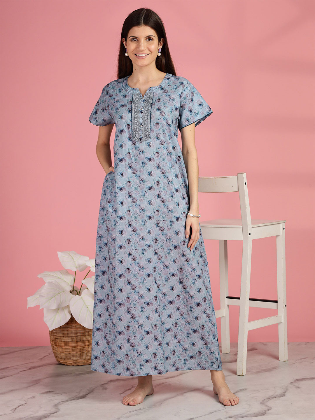 9shines Label Women Blue Digital Print Cotton Embroidered Yoke Nightdress