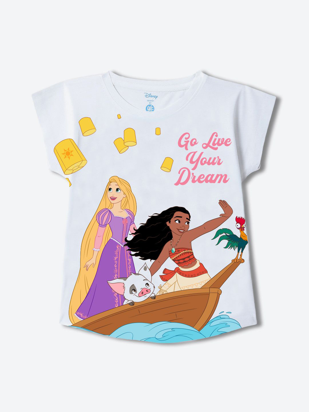 YK Disney Girl Moana Print Round Neck Cap Sleeves Top