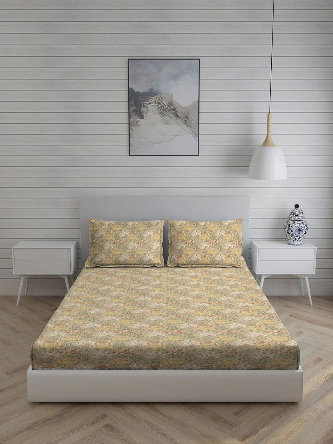 Living scapes by Pantaloons Book Fold Beige Floral Cotton 144 TC King Fine Bedsheet with 2 Pillow Covers-108 x 108 inches