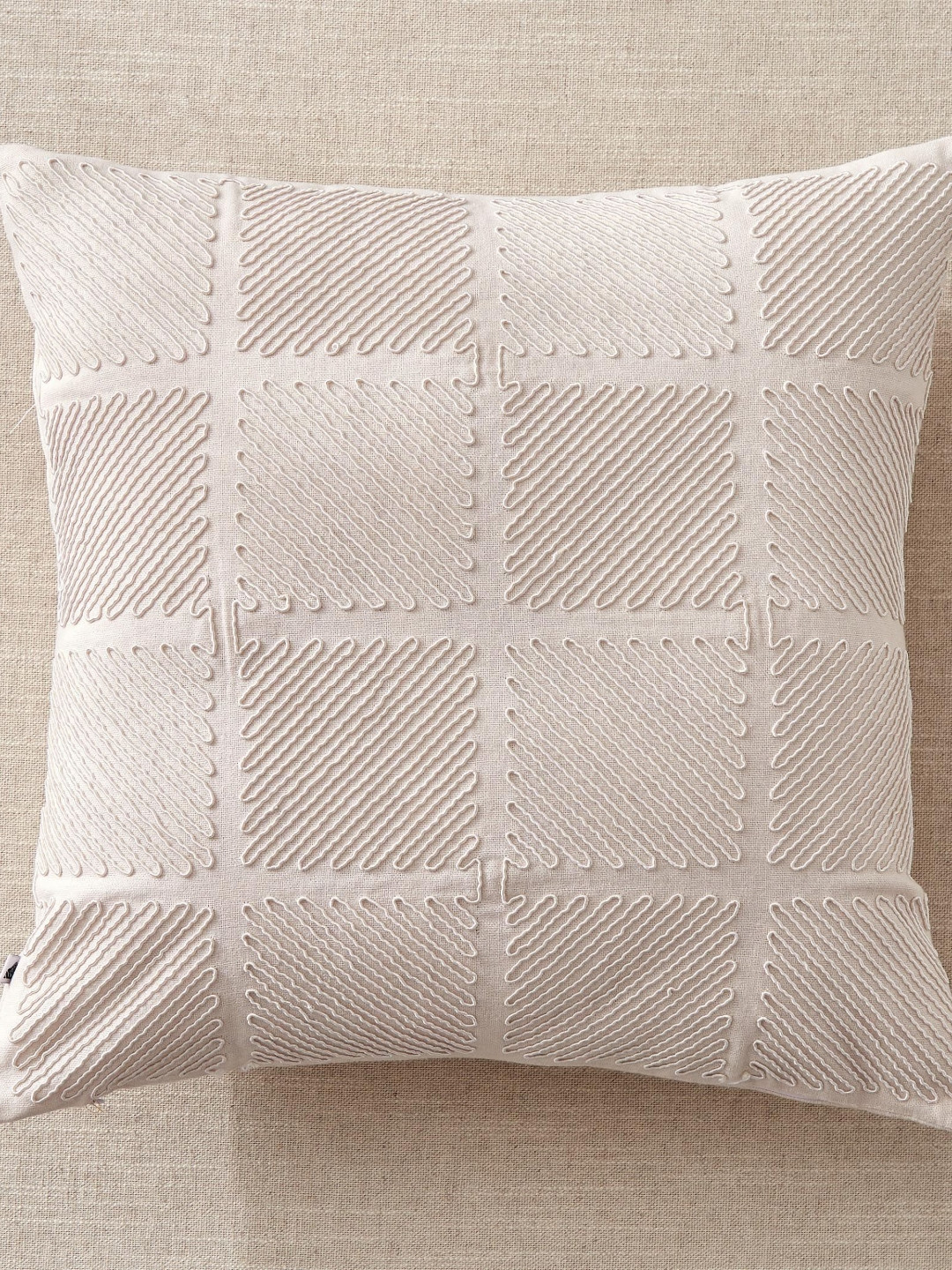 Home Centre Whales Off White Geometric Cotton Embroidered Square Cushion Cover -16x16In