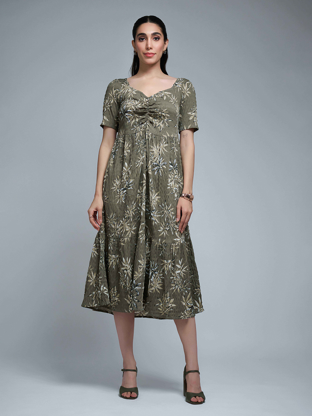 The Roadster Women Tropical Printed Short Sleeve Sweetheart Neck Knee Length Dress