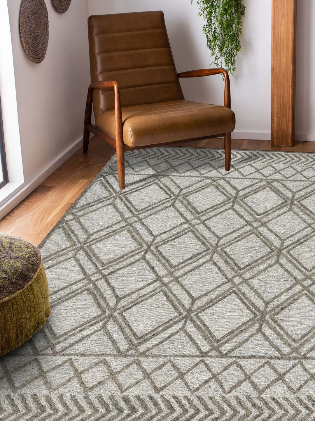 saraswatii global Vista Grey & Olive Geometric Printed Tufted Woollen Carpet