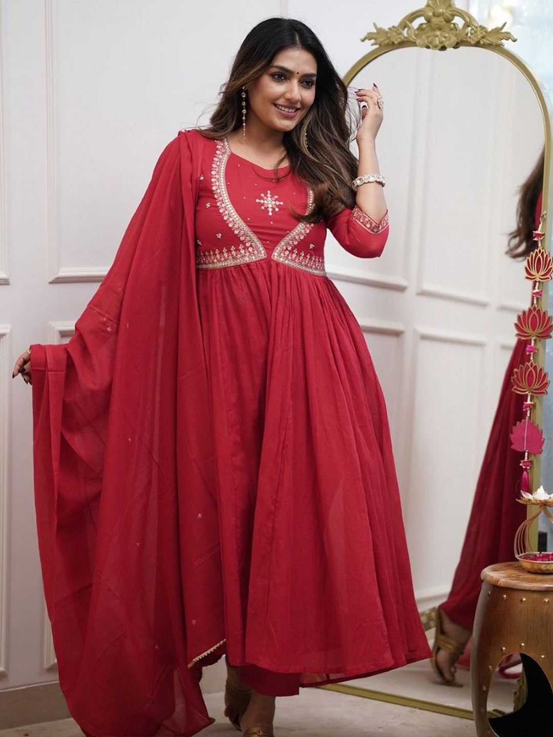 Foxent Women Solid Embroidered Cotton Kurta with Trousers & Dupatta