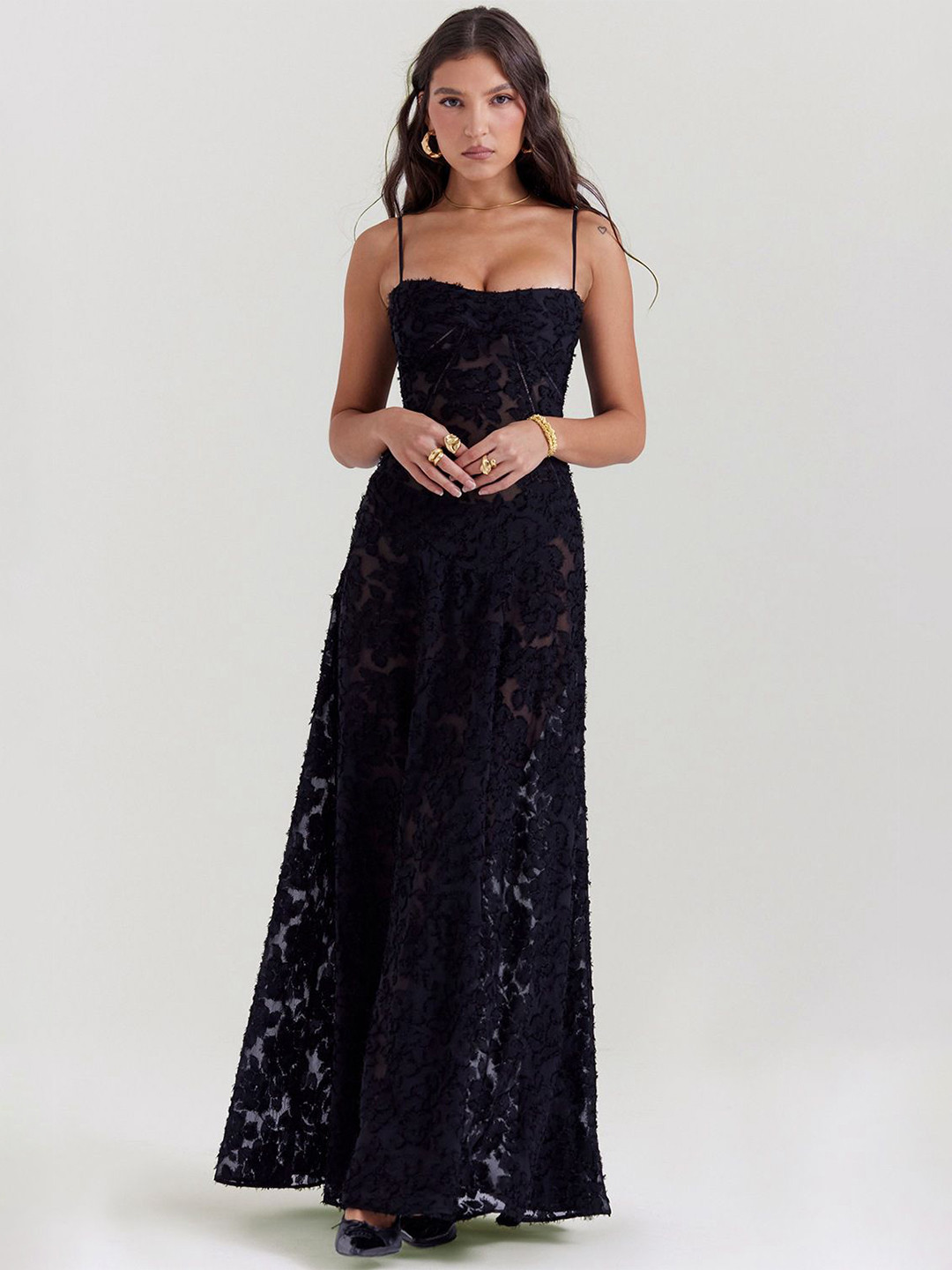 bebe Black Sheer Lace Spaghetti Strap A-Line Maxi Dress