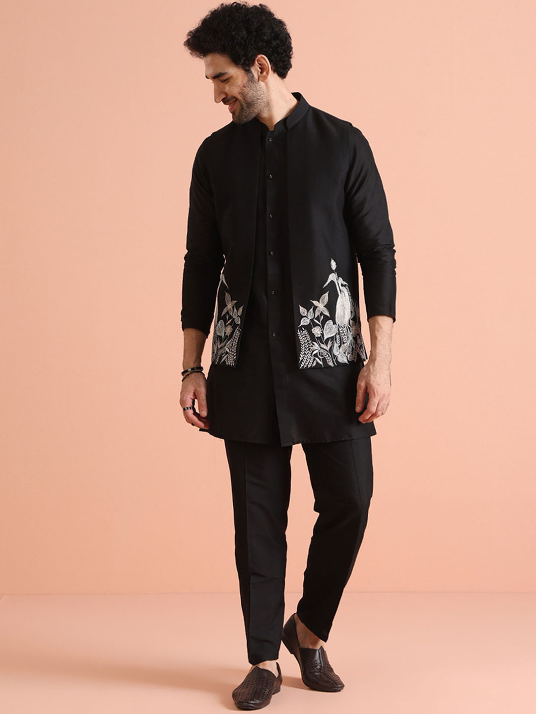 KISAH Men Black Jacquard Kurta Nehru Jacket Trouser Set