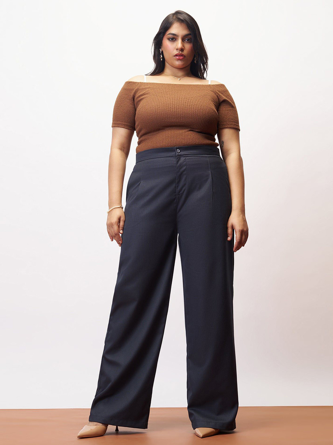 FREAKINS Women Curve Urban Navy Straight Fit High-Rise Pleated Pinstripe Trousers