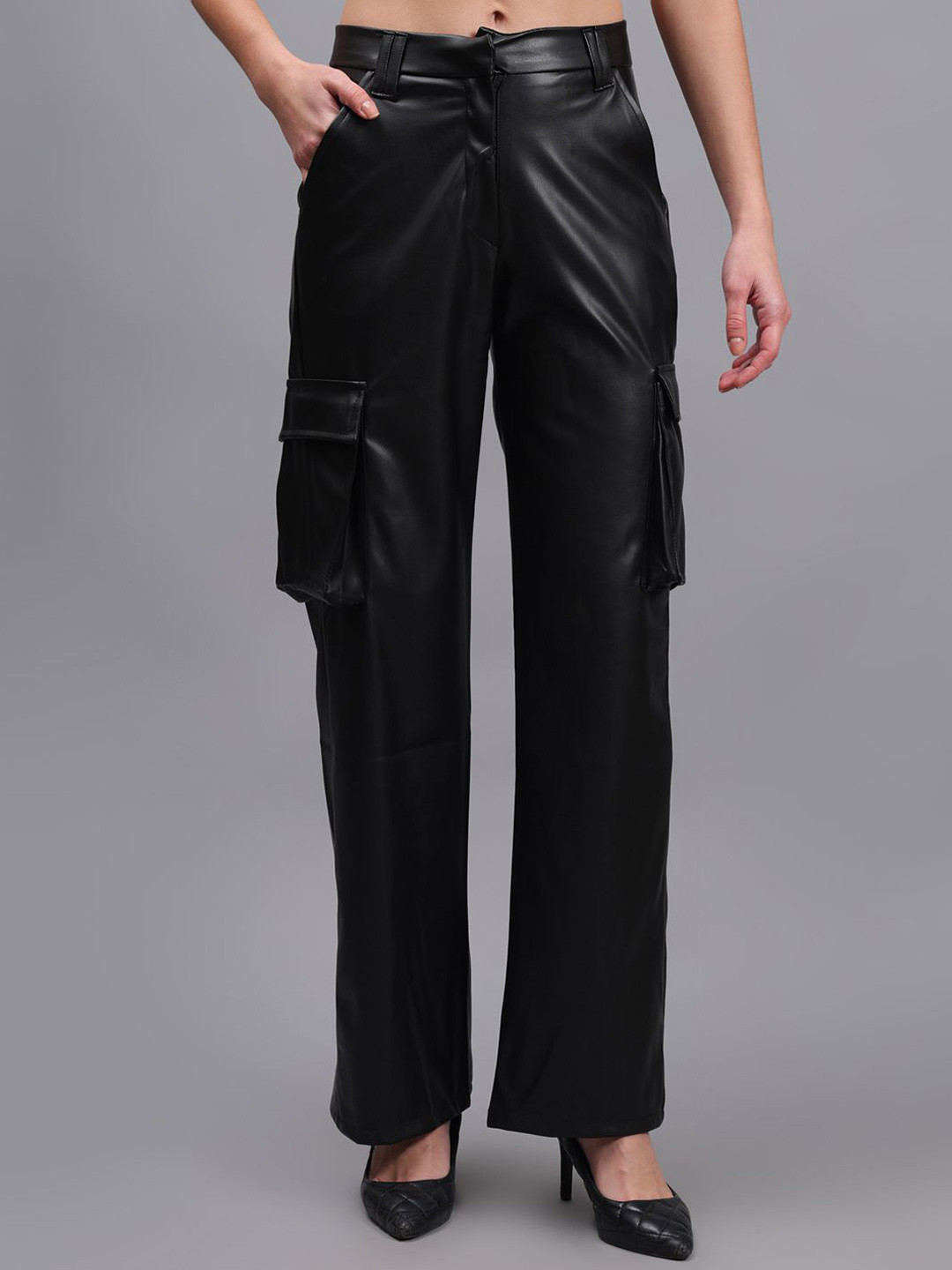 Fashion Gaiia Women Mid-Rise Leather Cargos Trousers