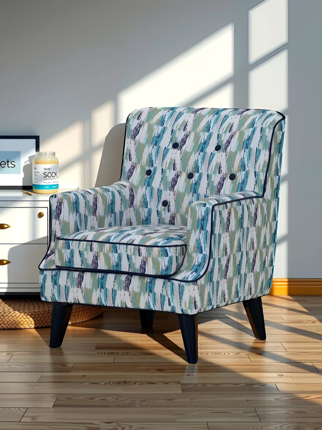 Royaloak Blue & White Printed Wooden Lounge Chair