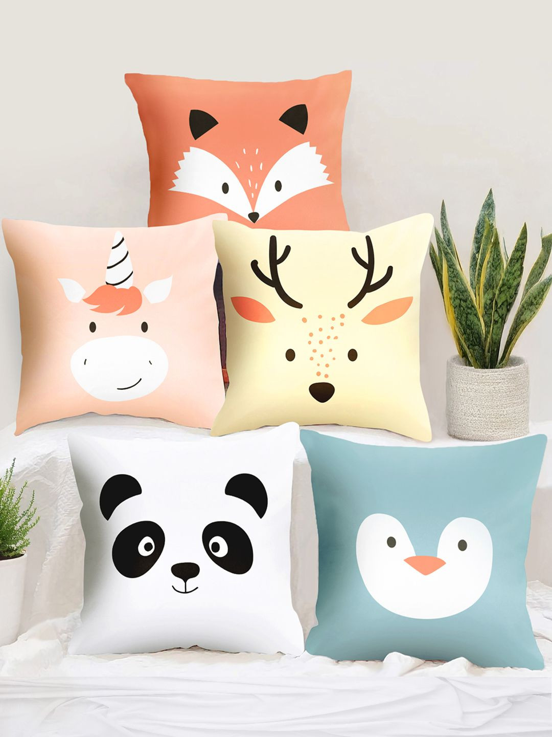 Story@home White & Blue Set of 5 Cartoon Characters Square Cushion Covers