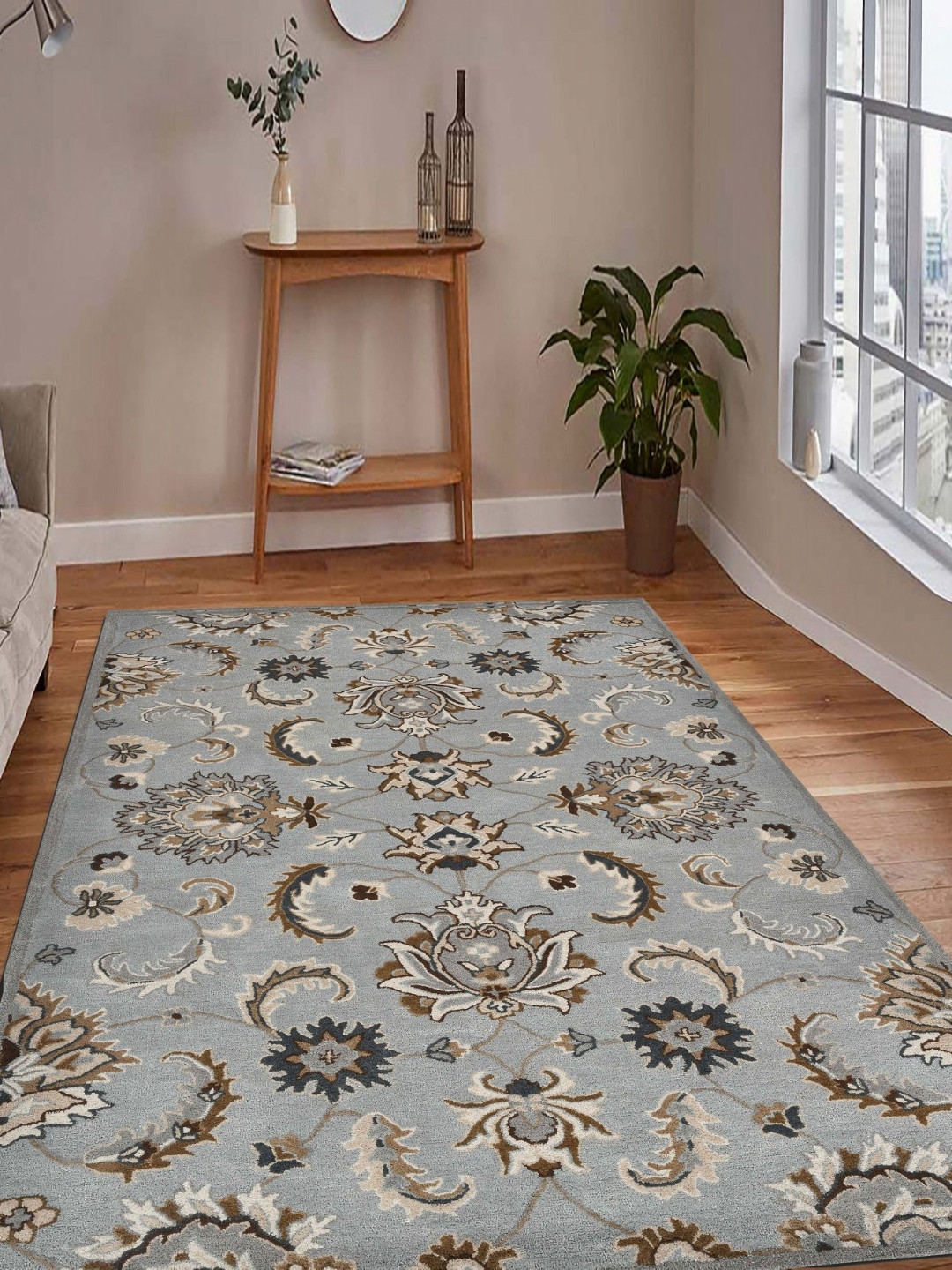 saraswatii global Castel Grey & Brown Floral Printed Tufted Woollen Carpet