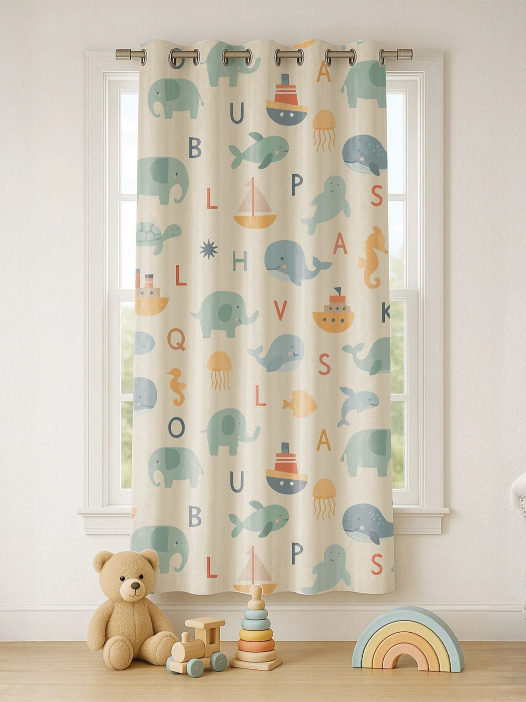 STITCHNEST Set of 1 White & Blue Cartoon Print 5 feet Curtain
