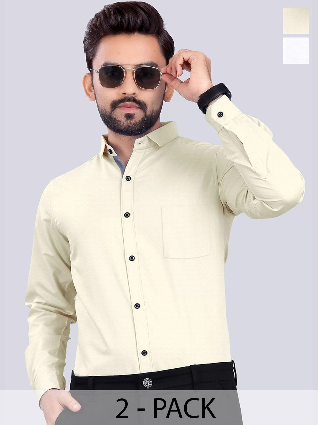 Tee Projekt Men Pack of 2 Solid Chest Pocket Standard Spread Collar Slim Fit Formal Shirt