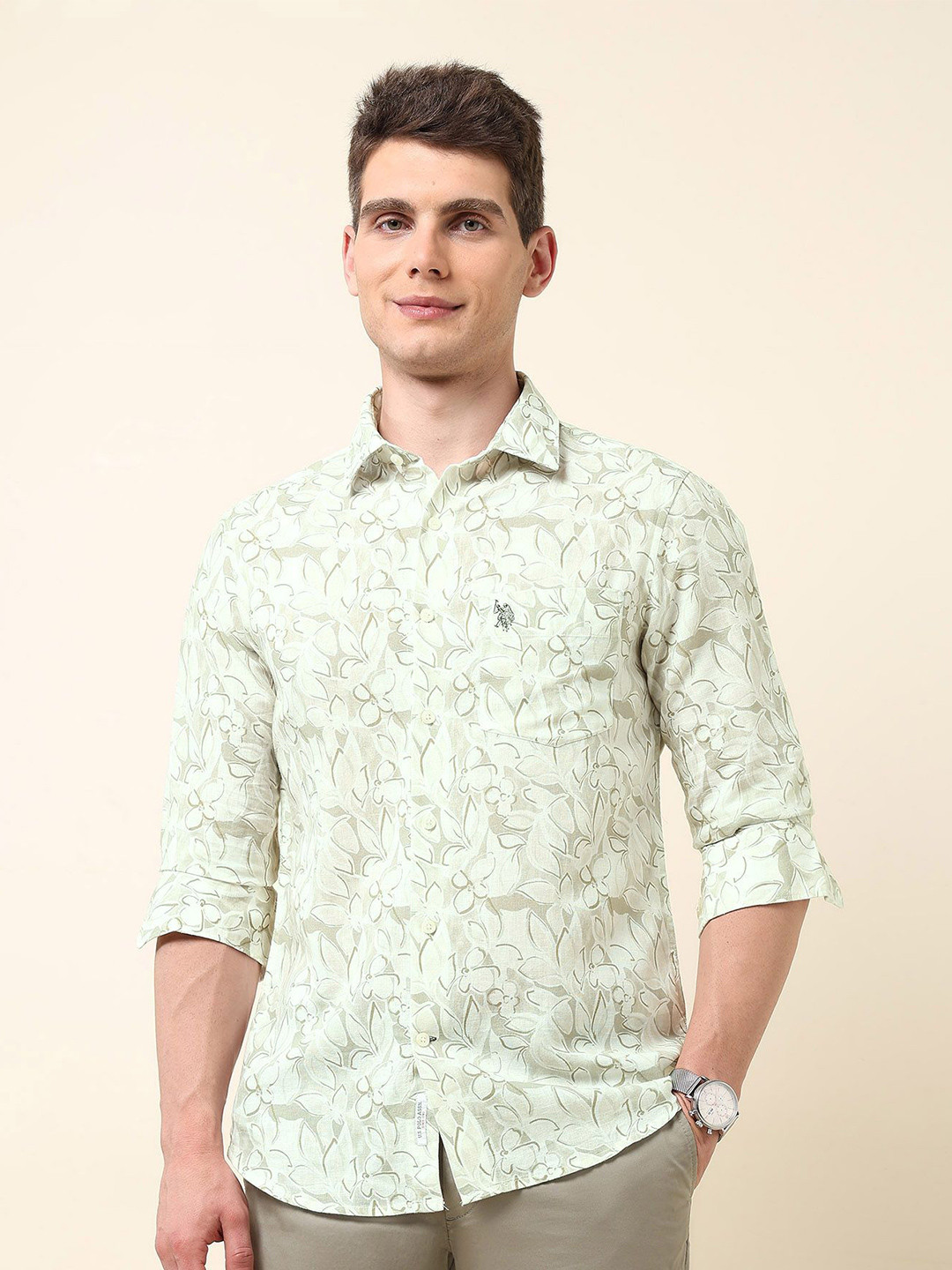 U.S. Polo Assn. Men Classic Tailored Fit Floral Printed Cotton Linen Casual Shirt