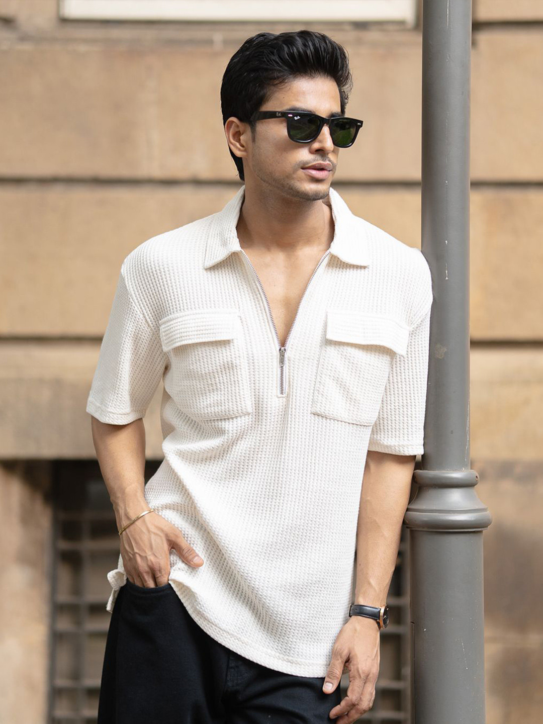 Powerlook Self Design Zipper Polo Drop-Shoulder Sleeves T-shirt