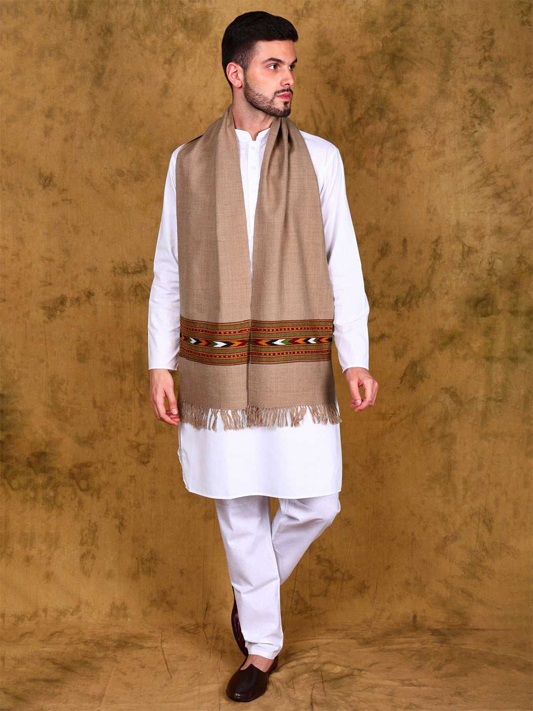 Exotic India Unisex Kinnauri Woven Wide Border Wool Kullu Scarf