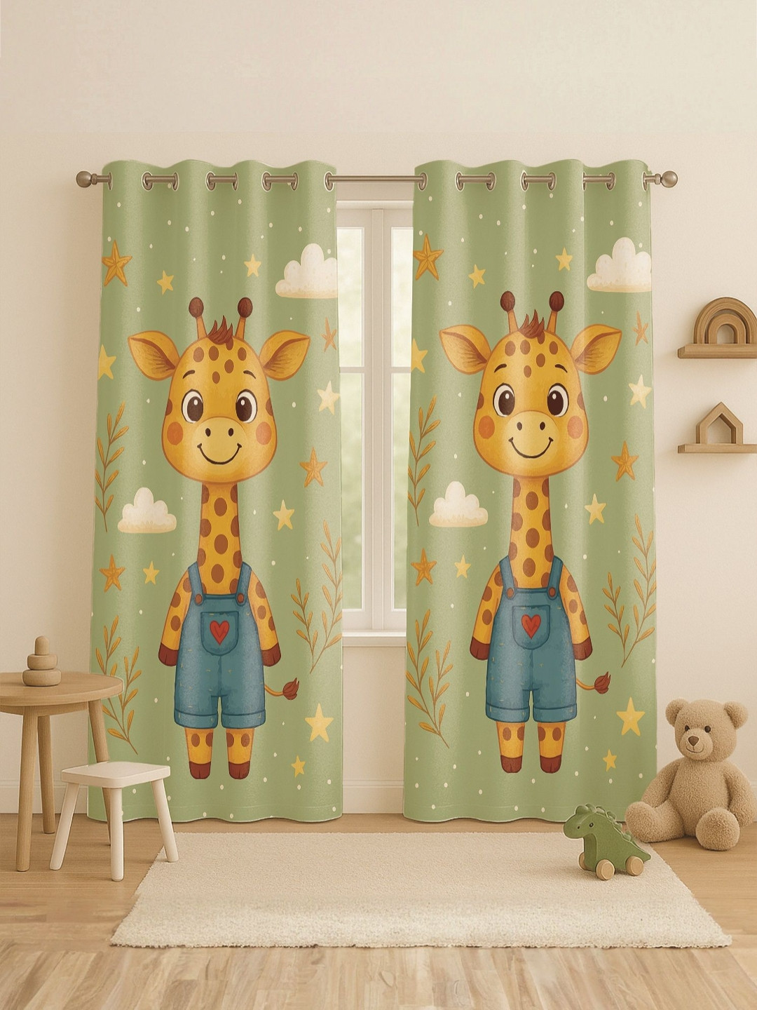 STITCHNEST Set of 2 Green & Yellow Animal Print 7 feet Curtain