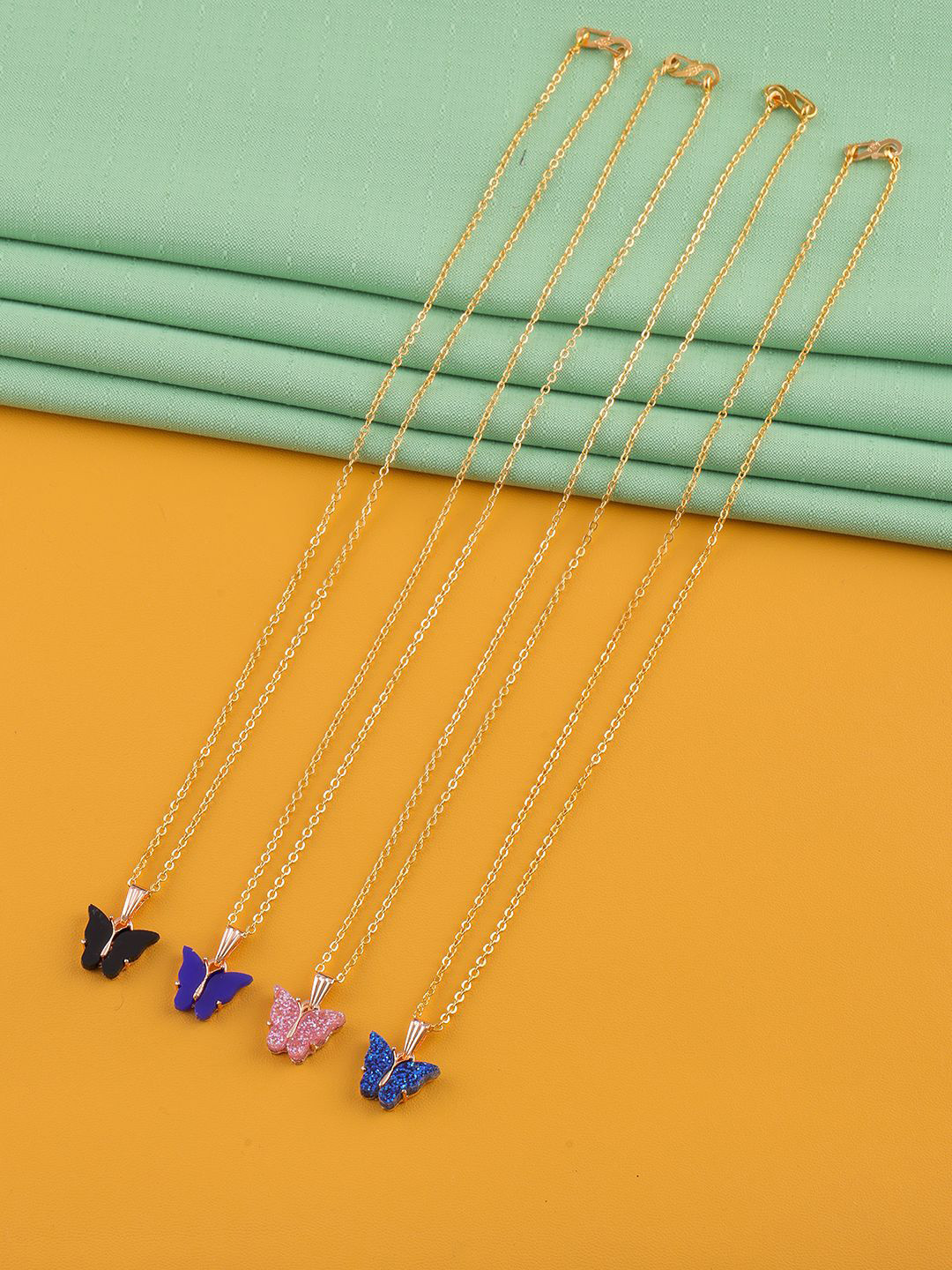 DressBerry Set Of 4 Gold-Plated Sparkling Resin Butterfly Pendant With Chain