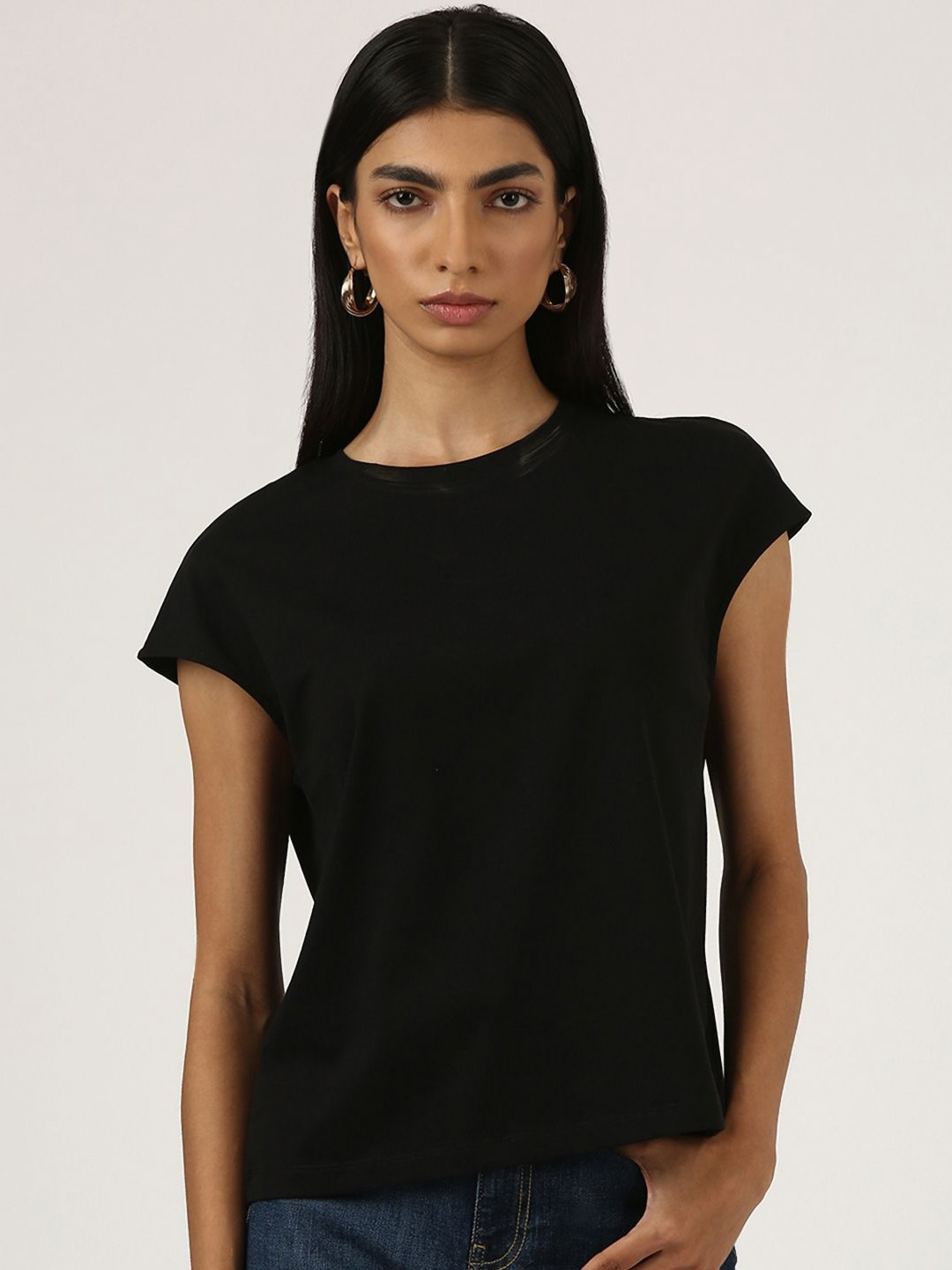 Jolene.club Solid Wide Armhole Round Neck Cap Sleeves Cotton T-shirt