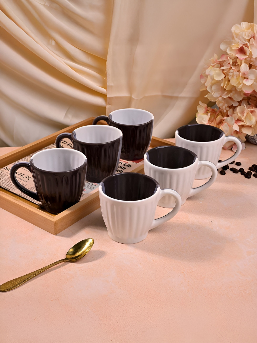 Storepedia Valentines Day Black Striped Ceramic Handmade 6 Piece Mugs-150ml