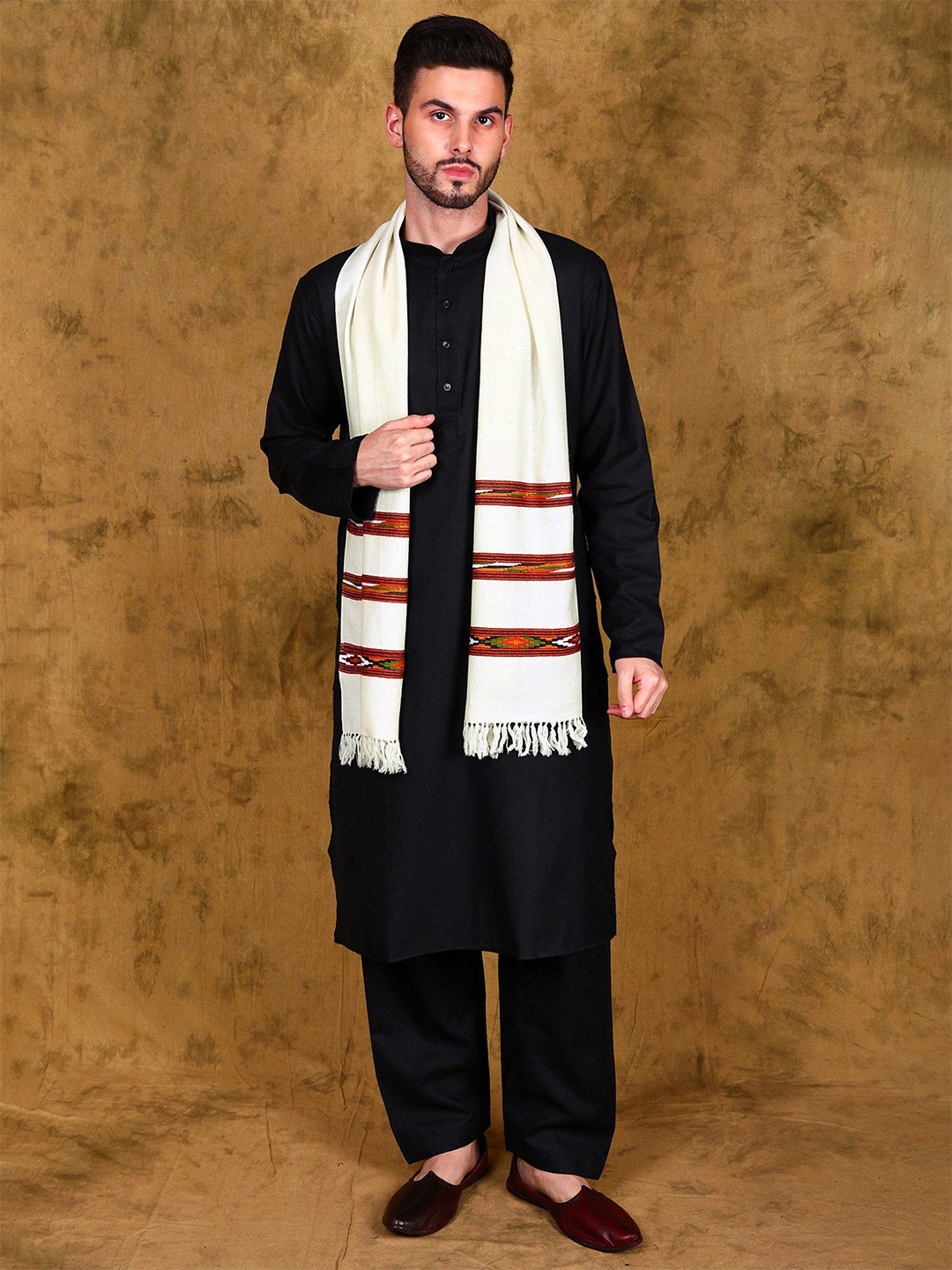 Exotic India Unisex Kinnauri Woven Design Border Woolen Stole