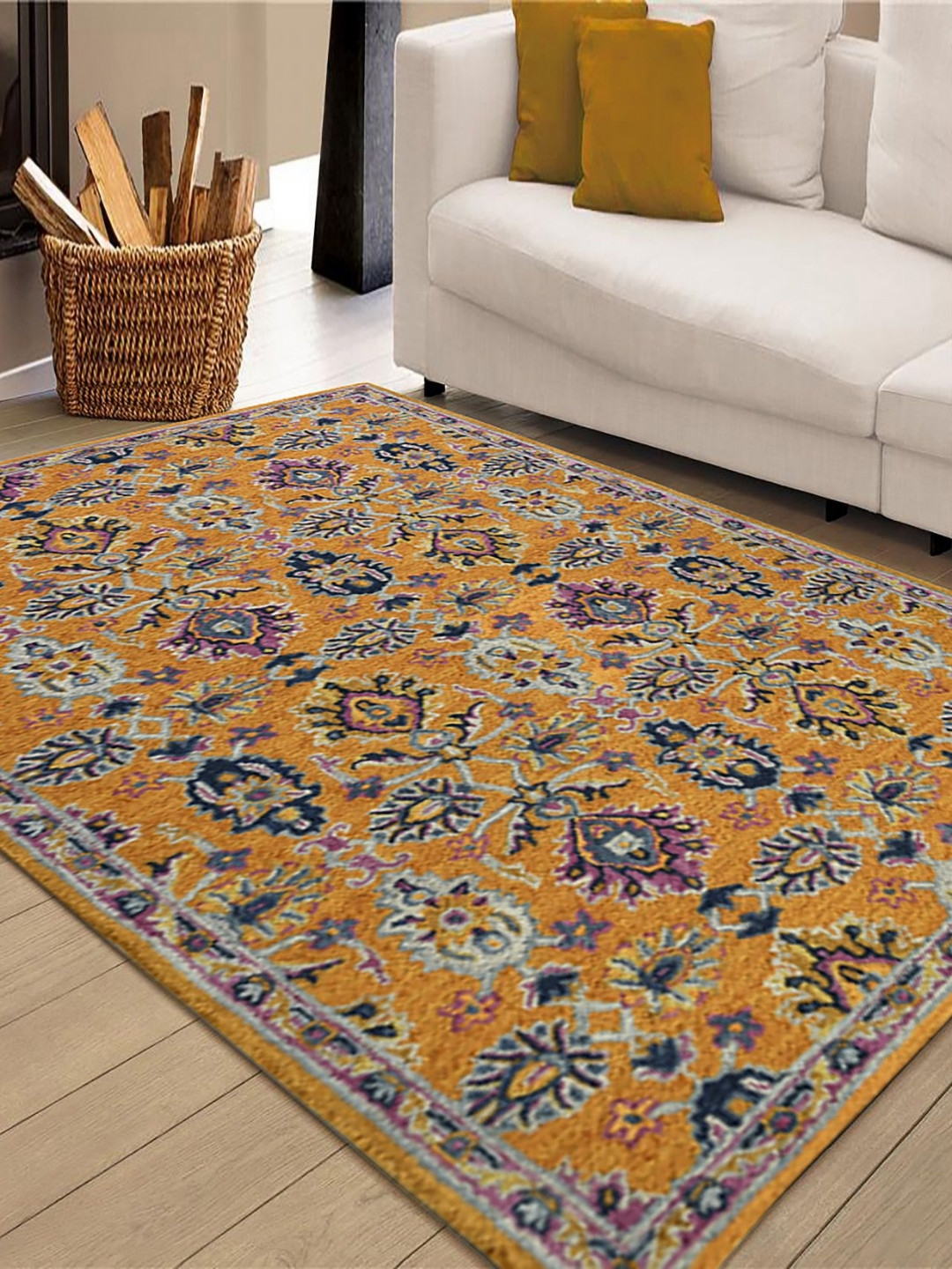 saraswatii global Medallion Orange Colored & Brown Bohemian Printed Tufted Woollen Carpet