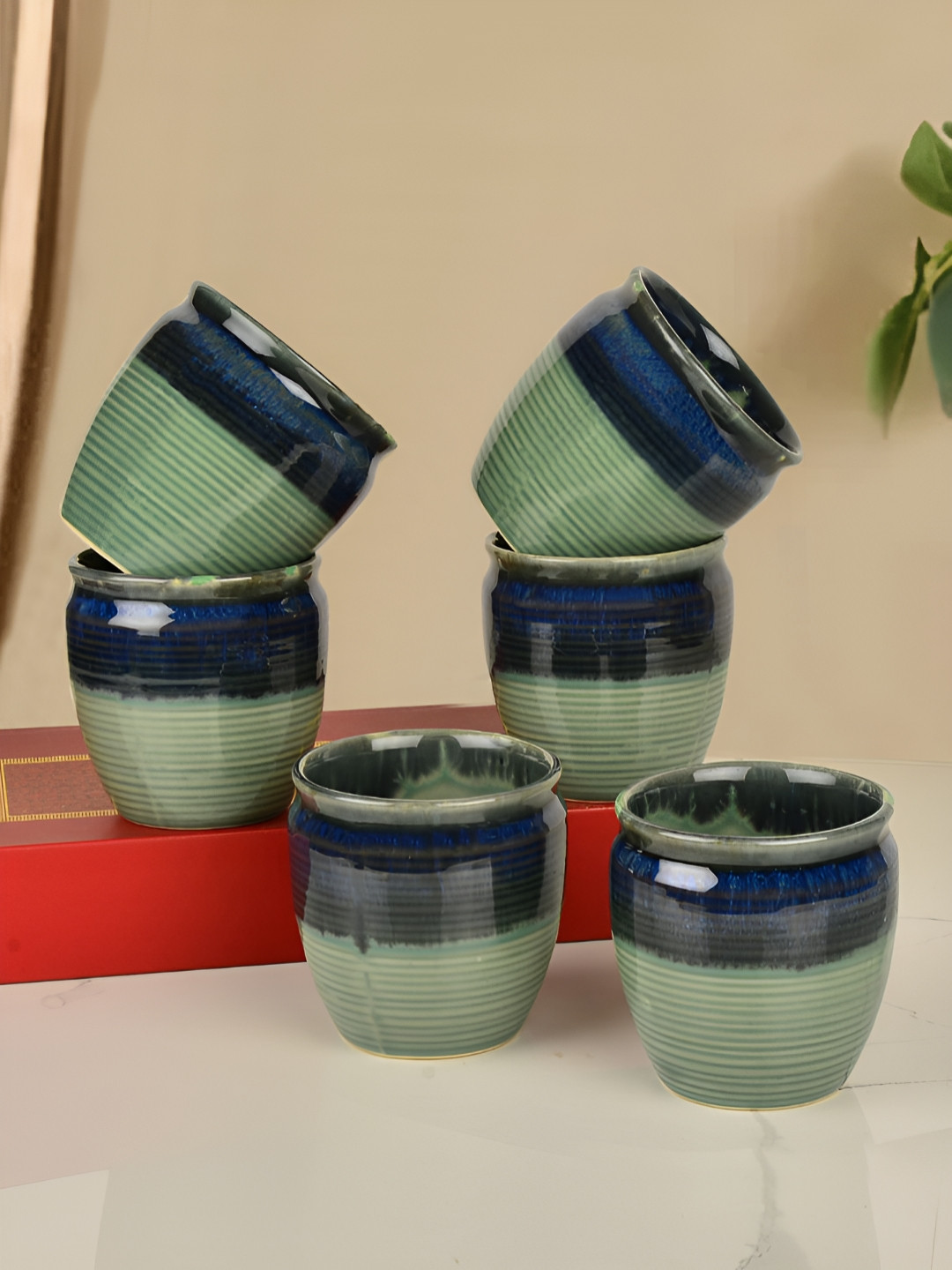 StyleMyWay Juicka Shaped Green Textured Ceramic Handmade 6 Piece Kulladhs-200ml