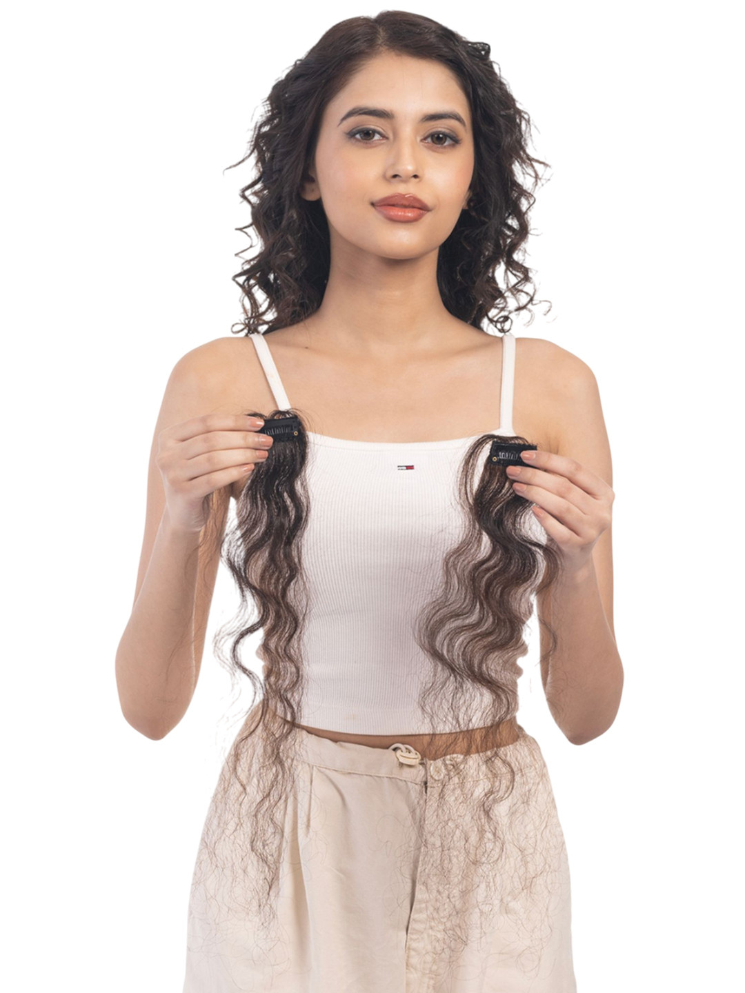HAIRJOY Dark Brown Clip in Streaks Curly Hair Extensions Instant Volume 16 Inches