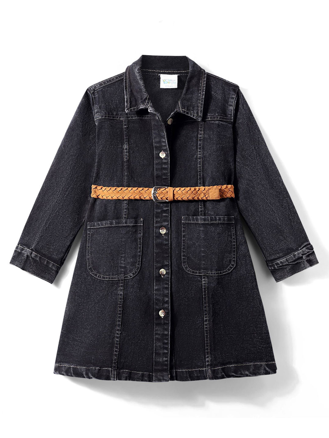Hola Bonita Kids Girls Solid Shirt Collar Denim A-Line Dress with Belt