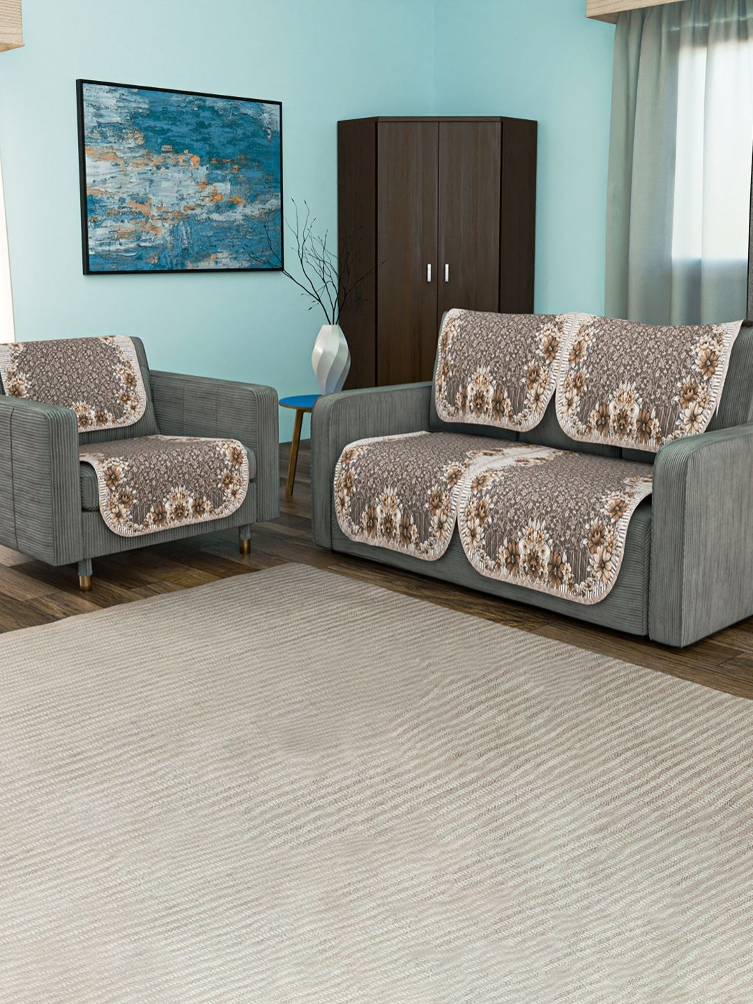 Aura Ultra Sonic FlowerBorder- Golden 6 Pcs Printed 3 Seater Sofa Cover