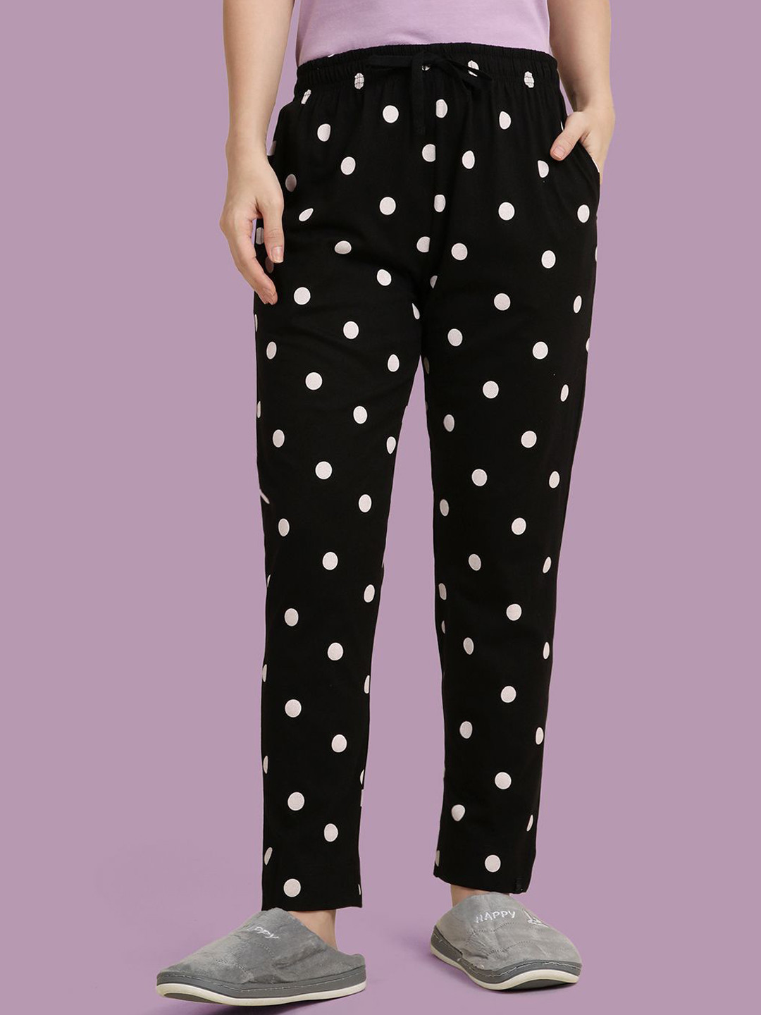 TWIN BIRDS Women Jet Black Cotton Printed Night Pant