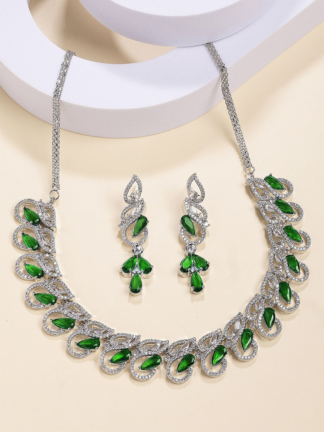 KARATCART Silver-Plated American Diamond Studded Sparkling Drop Jewellery Set