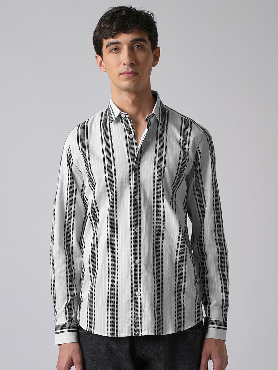 Banana Club White Vertical Stripe Cotton/Linen Shirt