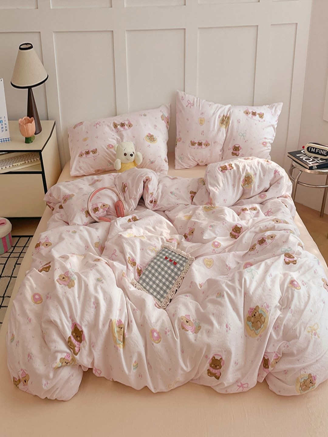 JC HOME Champagne & Pink Cartoon Characters Polycotton 3 Piece Double King Regular Bedding Set