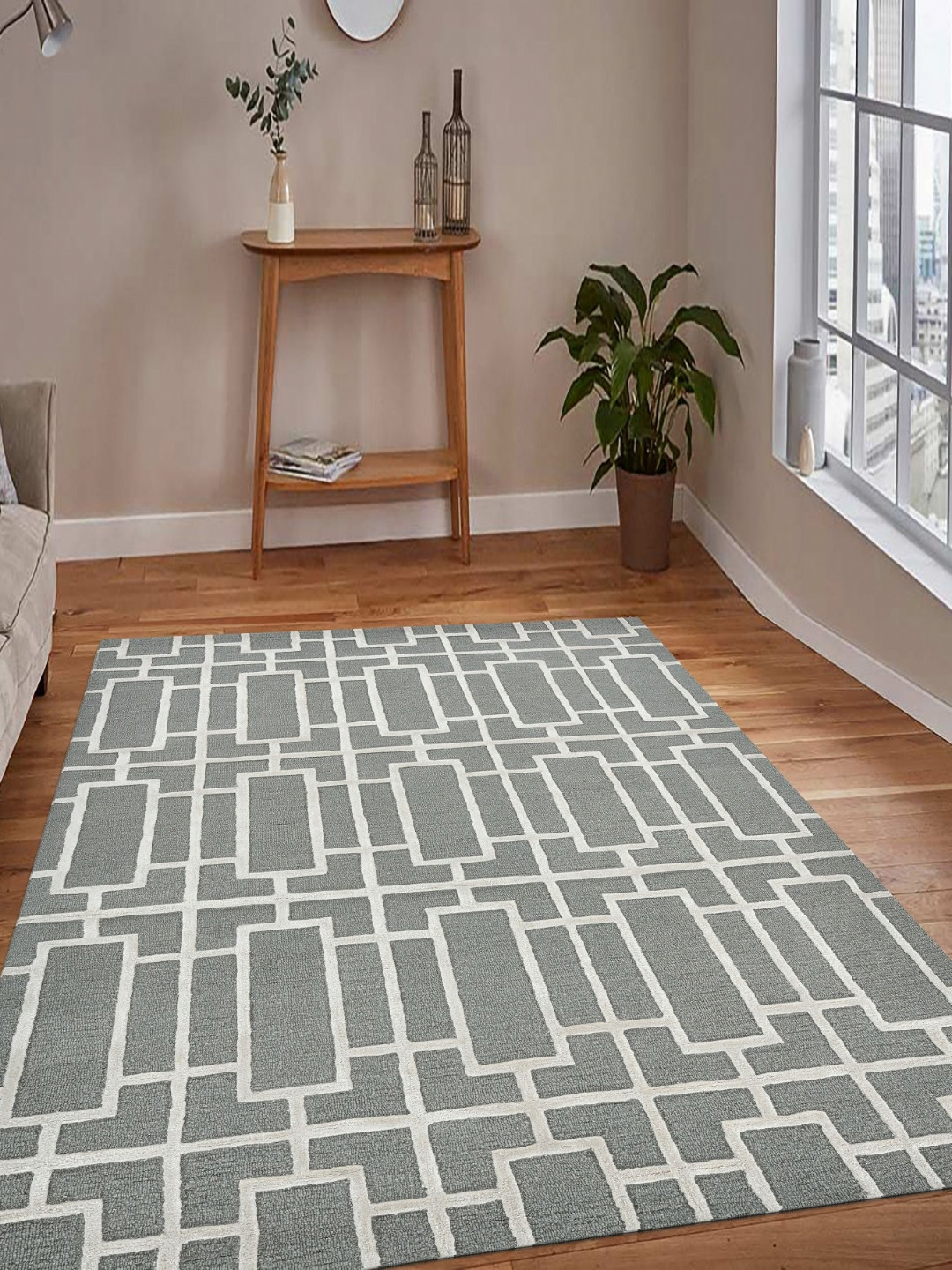 saraswatii global Lineation Grey & White Geometric Tufted Woollen Carpet