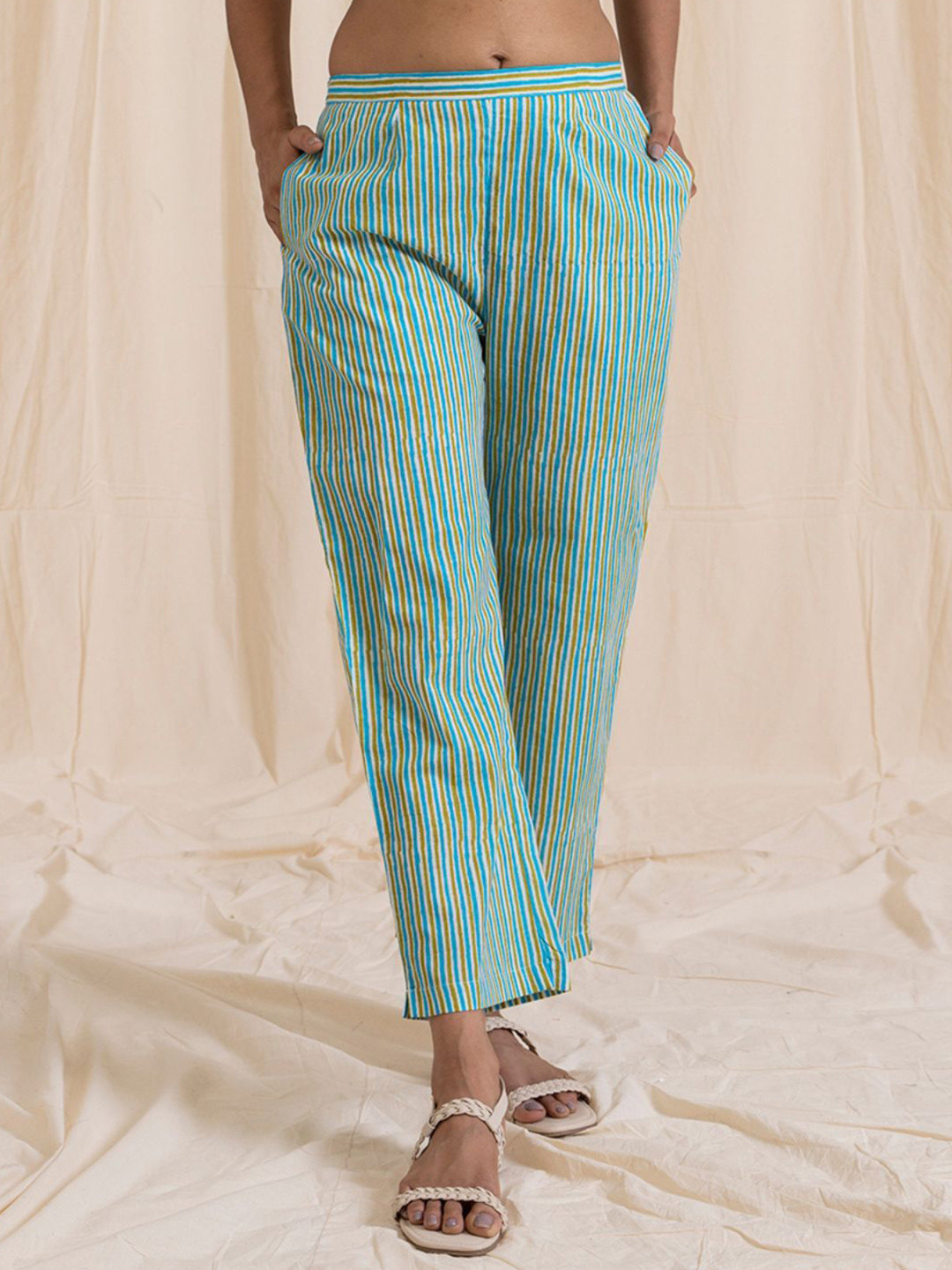 AKISO Women Cotton Striped Straight Palazzos With Side Slit