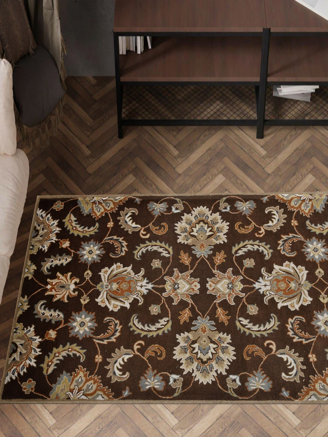 saraswatii global Castel Brown & Beige Floral Printed Tufted Woollen Carpet