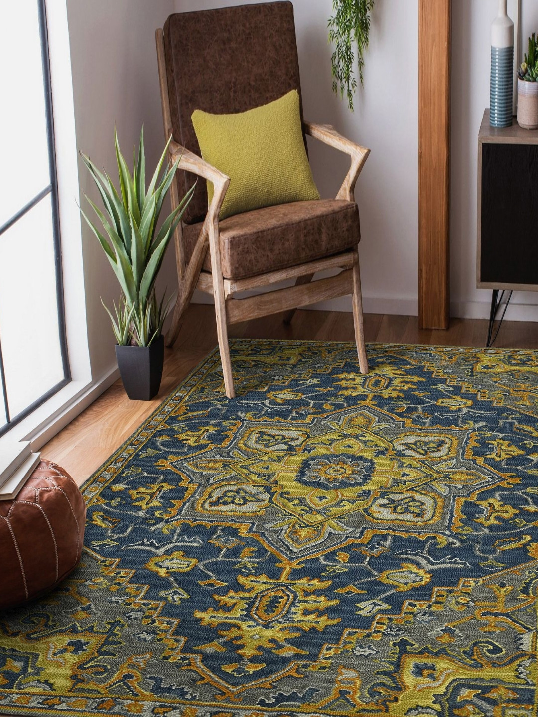 saraswatii global Medallion Blue & Yellow Bohemian Printed Tufted Woollen Carpet