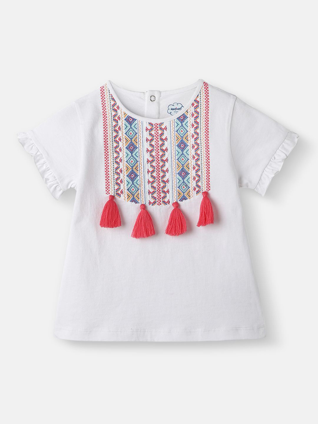 Nauti Nati Girls Embroidery and Tassels Half Sleeves with Ruffle Hem Cotton Regular Top