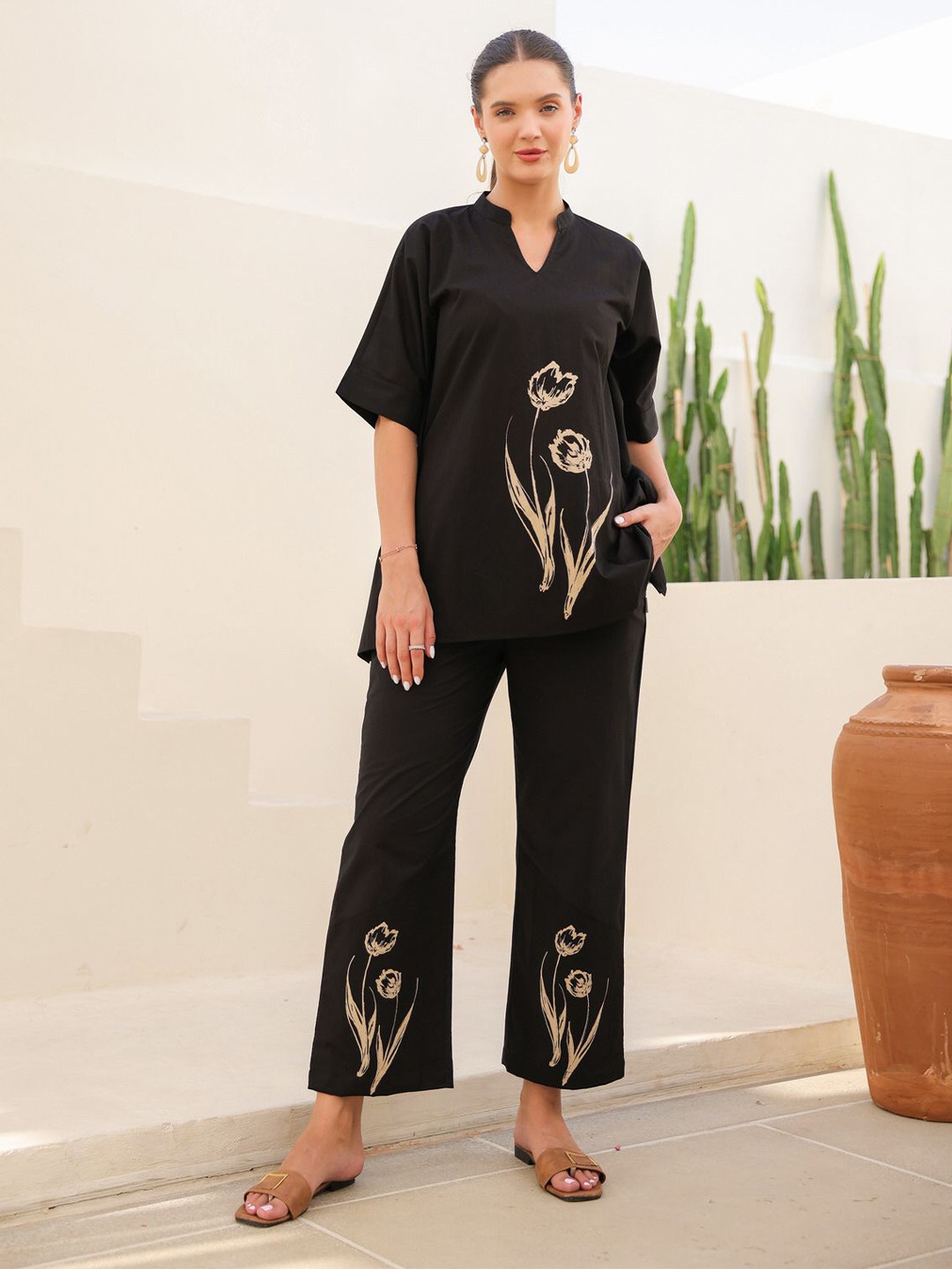 JISORA Women's Black Printed Russian Silk Top With Trousers Co-Ord Set