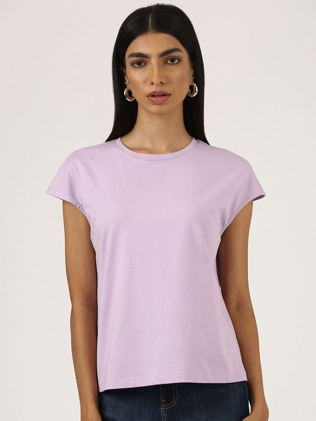 Jolene.club Solid Wide Armhole Round Neck Cap Sleeves Cotton Classic Fit T-shirt