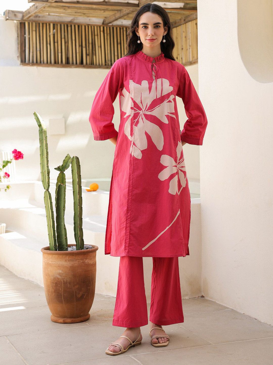 JISORA Women's Pink Printed Cotton Top With Trousers Co-Ord Set