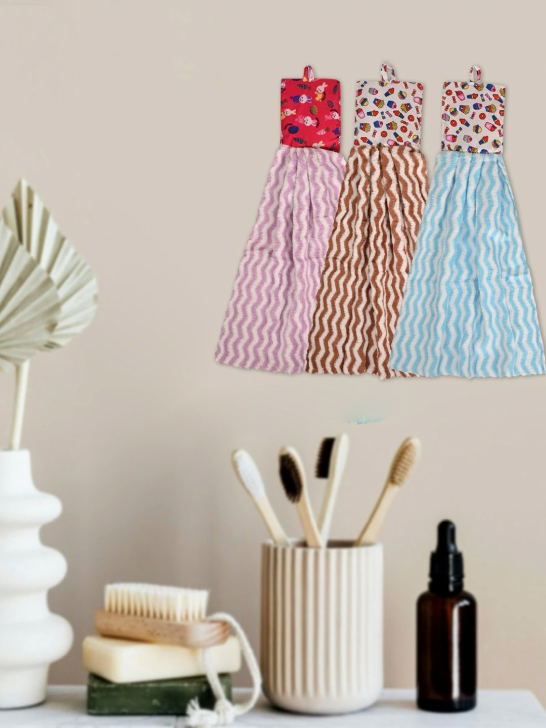 LOOM LEGACY 3Pcs Purple & Brown Striped Microfibre Hanging Kitchen Towels