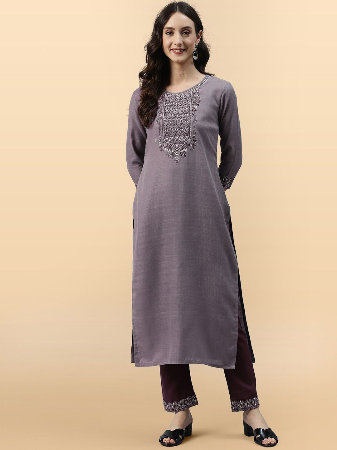 Anouk Rustic Women Floral Embroidered Regular Mirror Work Kurta with Trousers
