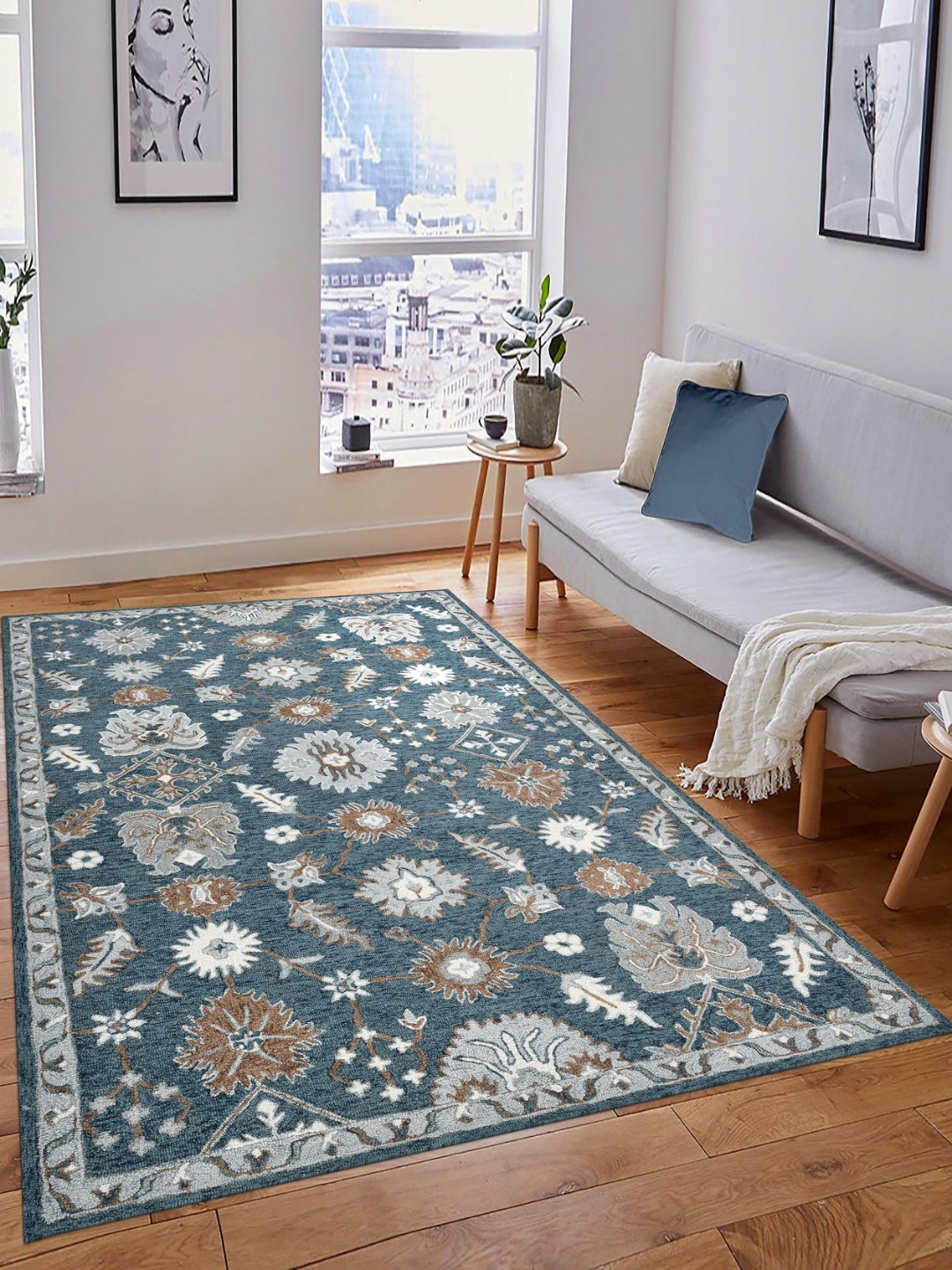 saraswatii global Lewis Farmhouse Navy Blue & Brown Floral Printed Tufted Woollen Carpet