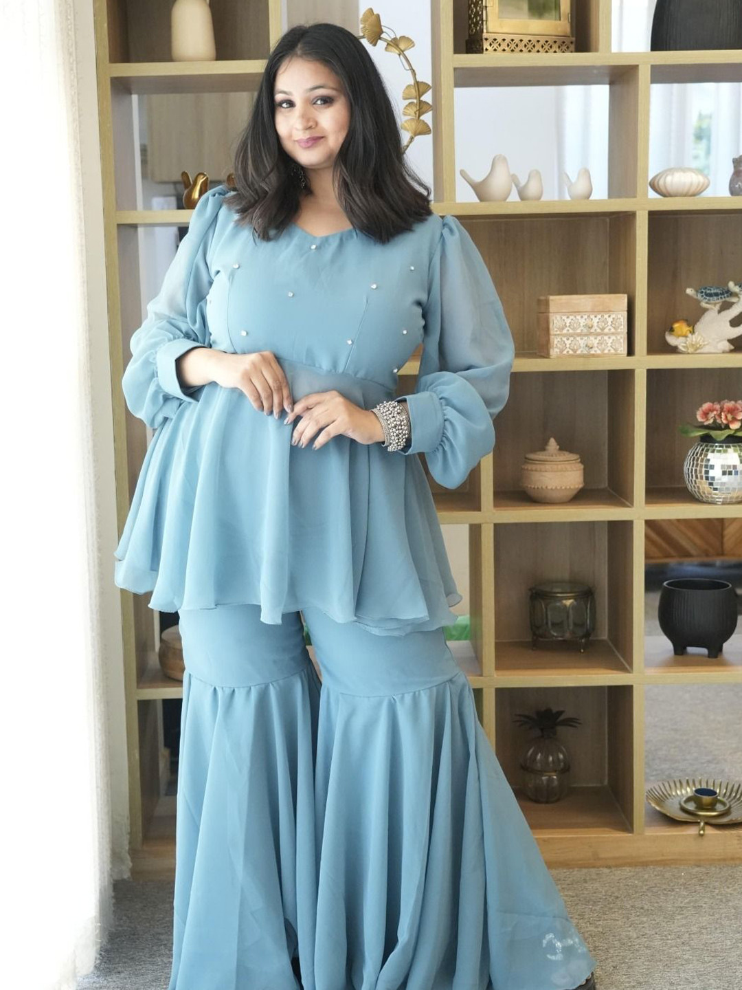 Swadeshi Shringaar Women Dusk Sky Georgette Sharara Co-Ords